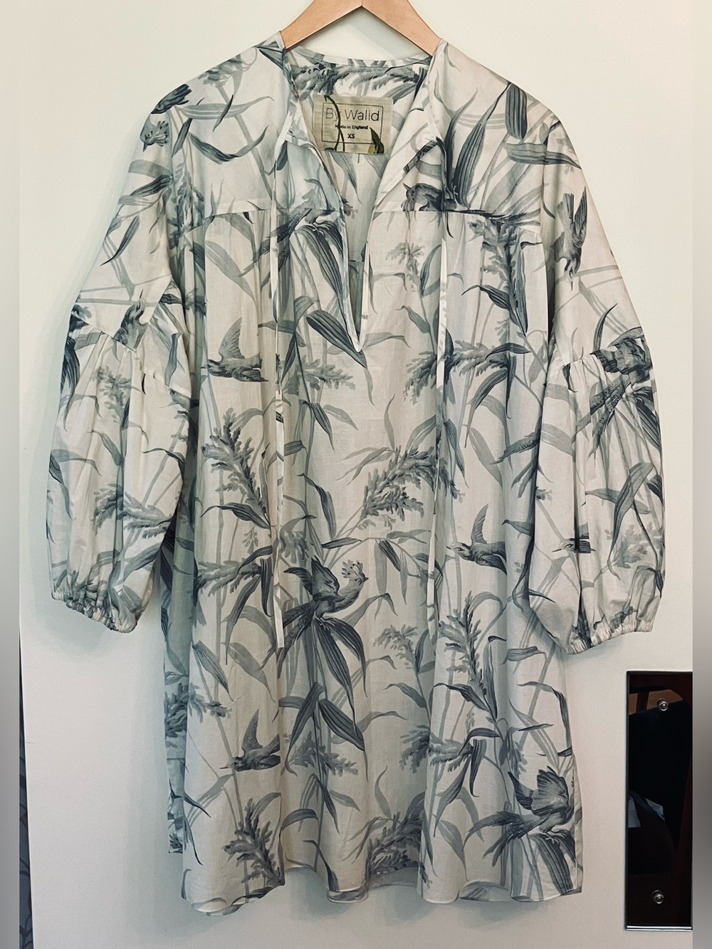 by Walid Slate Gray Tropical Print Cotton Knee-Length LS Dress w/Pockets!! XS
